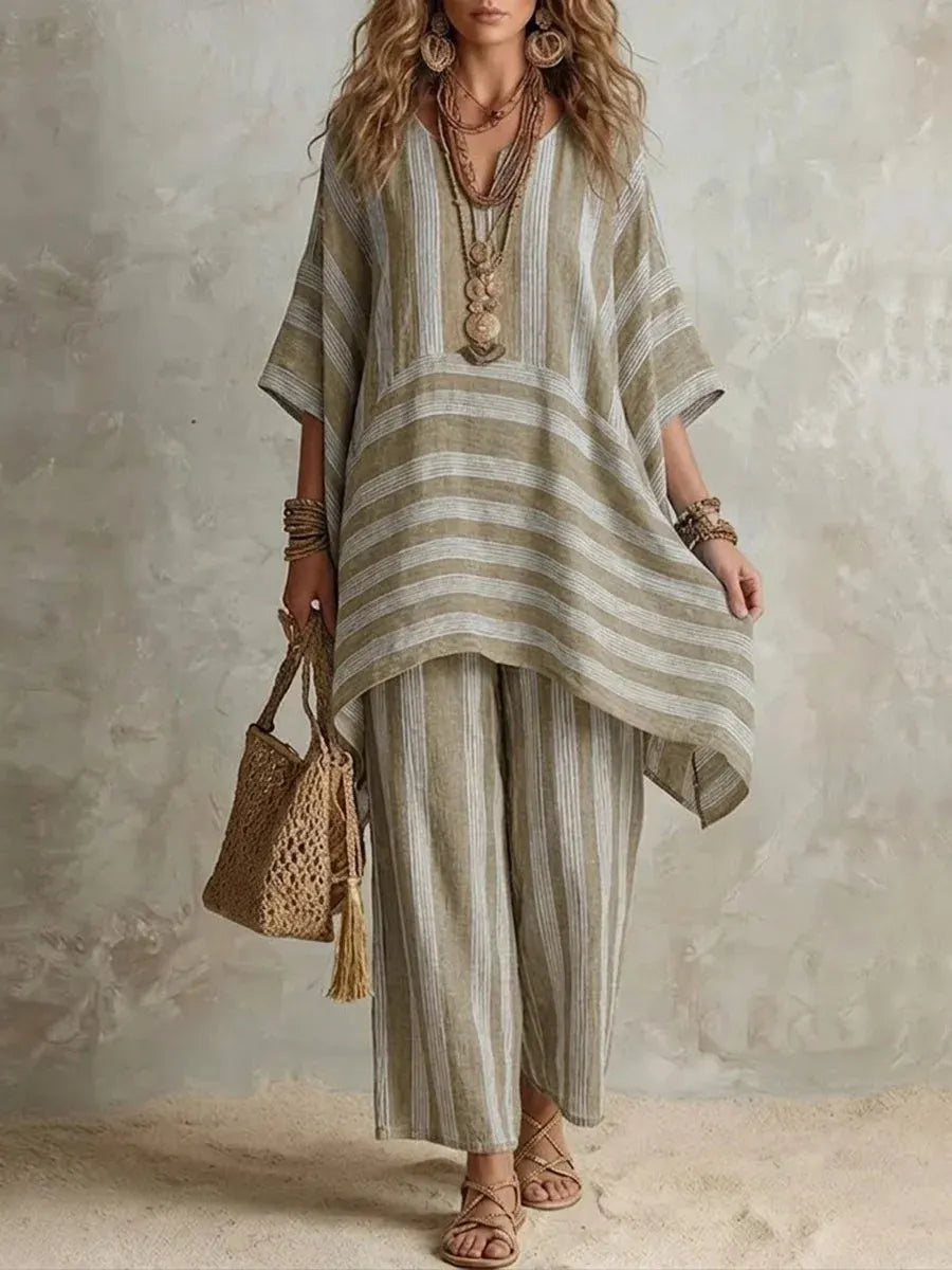 Women Striped V-Neck Batwing Sleeve Top & Wide Leg Pants 2 Piece Resort Loungewear Set
