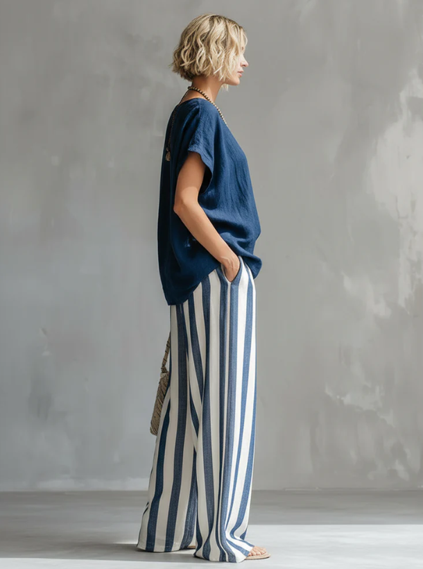 Linen Cotton Two Piece Set | Women's Striped Casual Outfit