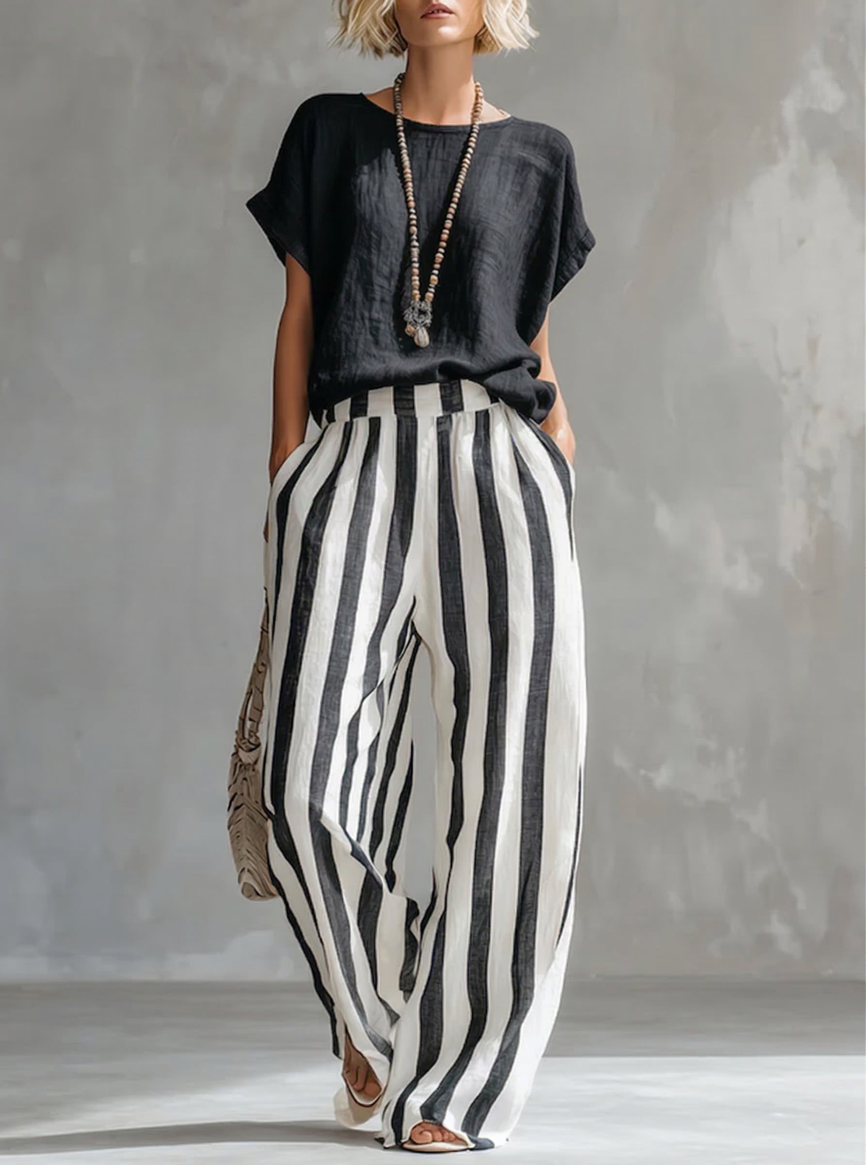 Linen Cotton Two Piece Set | Women's Striped Casual Outfit
