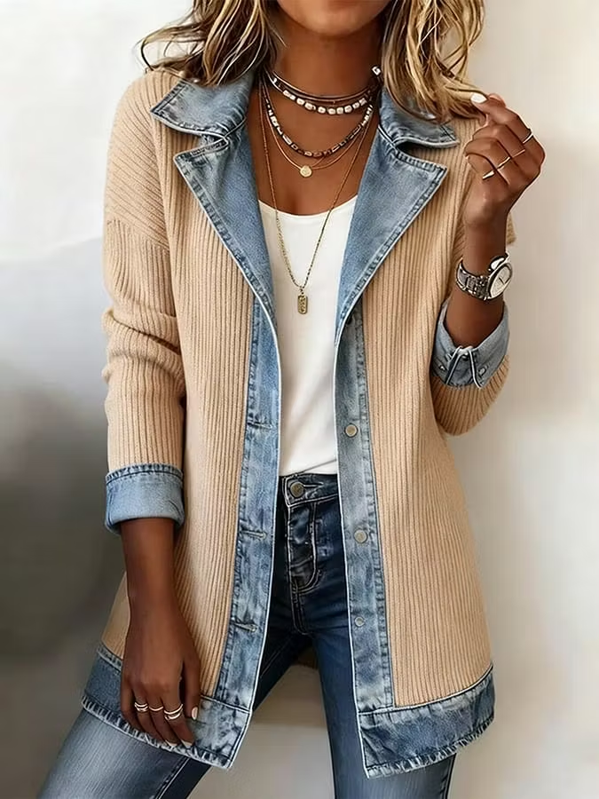 Elegant mixed-media denim and knit cardigan.