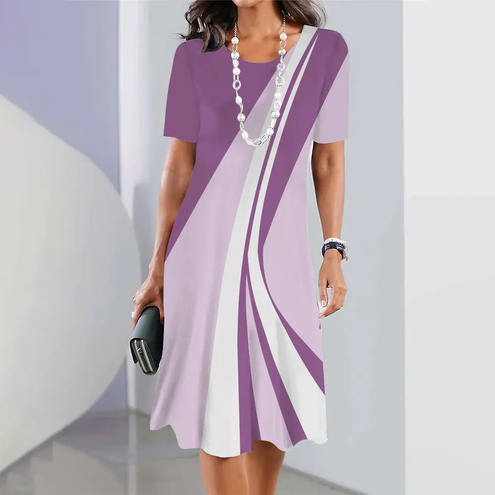 Women Geometric Color Block Short Sleeve Midi Dress