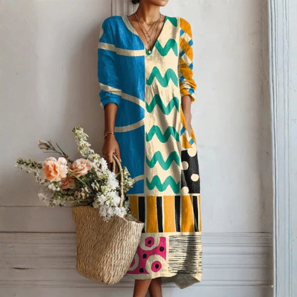 Women's Boho Floral Print Linen Maxi Dress