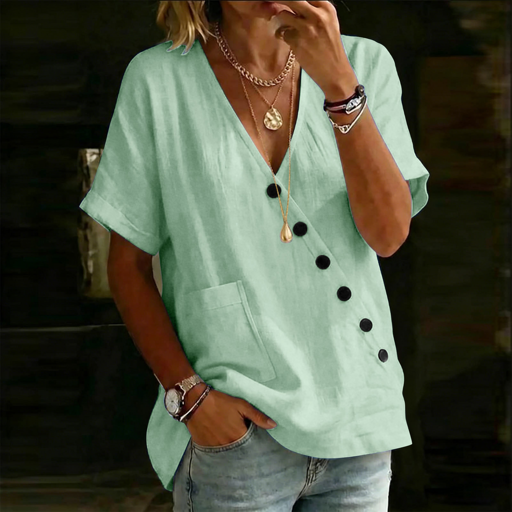 Plain Cotton Linen Top Short Sleeve V Neck Button Patch Pocket Summer Going Out Casual Shirt
