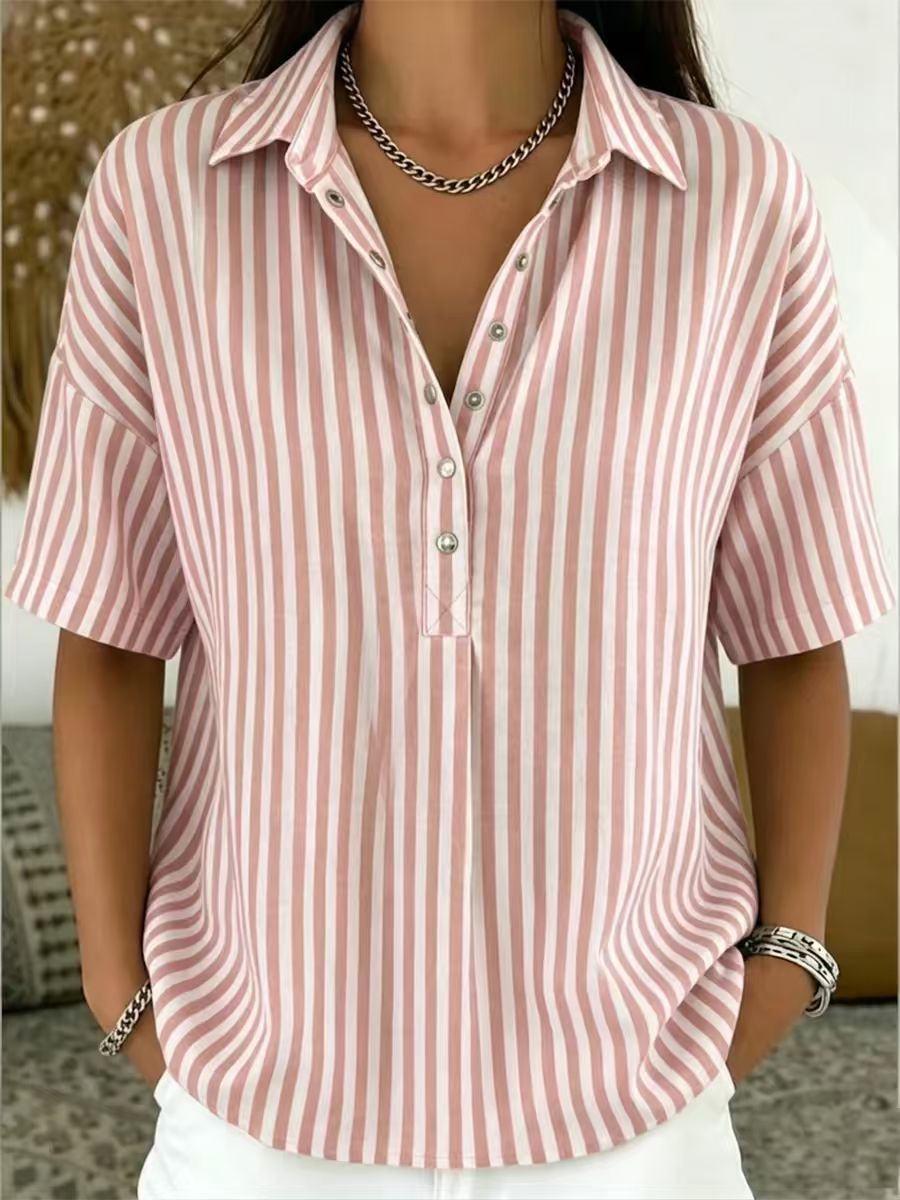 Minimalist Summer Oversized Collar Blouse, Women Short Sleeve Button Front Striped Resort Shirt