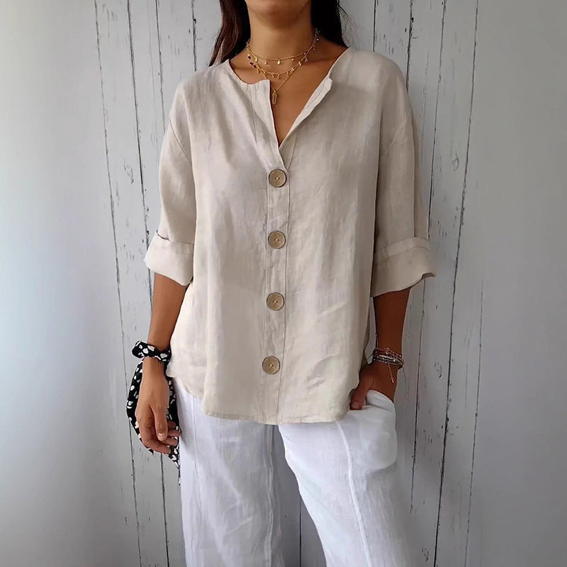 Loose Shirt Women's V-neck Cotton and Linen Button T-shirt Top Women