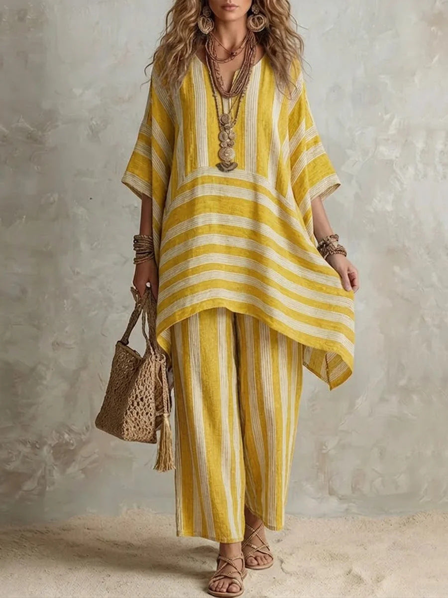 Women Striped V-Neck Batwing Sleeve Top & Wide Leg Pants 2 Piece Resort Loungewear Set
