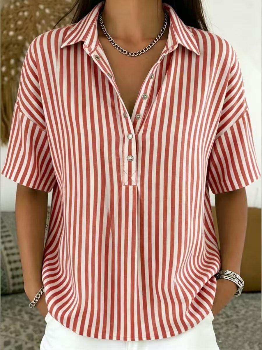 Minimalist Summer Oversized Collar Blouse, Women Short Sleeve Button Front Striped Resort Shirt