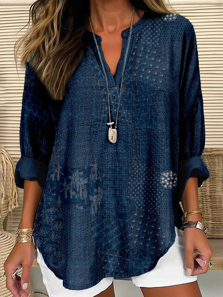 Split V-Neck 3/4 Sleeve Loose Fit Casual Top