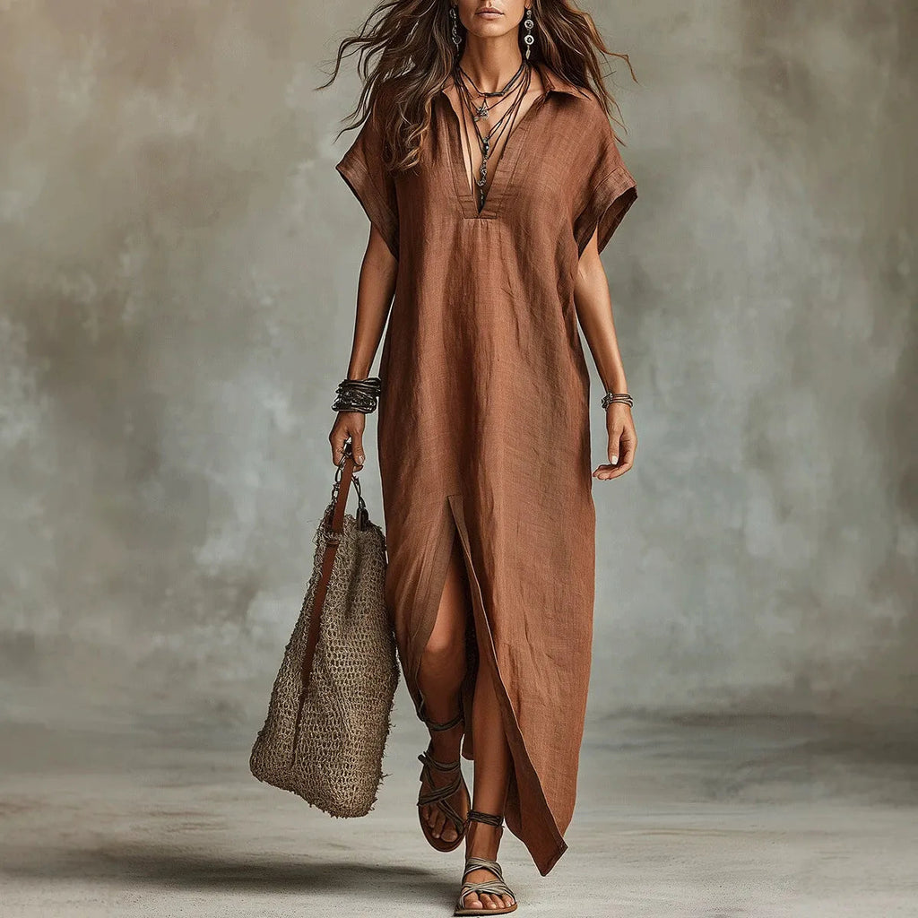 Women Lapel V Neck Maxi Shirt Dress Batwing Short Sleeve Side High Slit Loose Boho Resort Long Dress