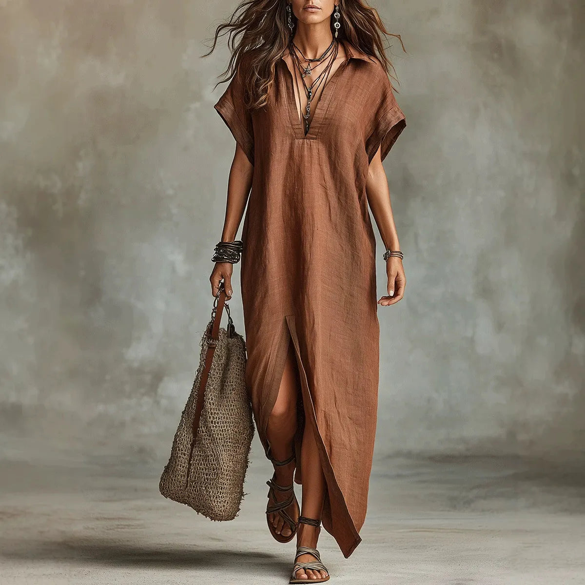 Women Lapel V Neck Maxi Shirt Dress Batwing Short Sleeve Side High Slit Loose Boho Resort Long Dress
