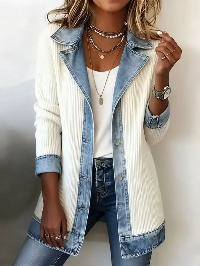 Elegant mixed-media denim and knit cardigan.