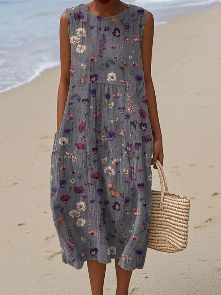 Cotton Linen Printed Midi Dress | Women's Sleeveless Beach Vacation Dress