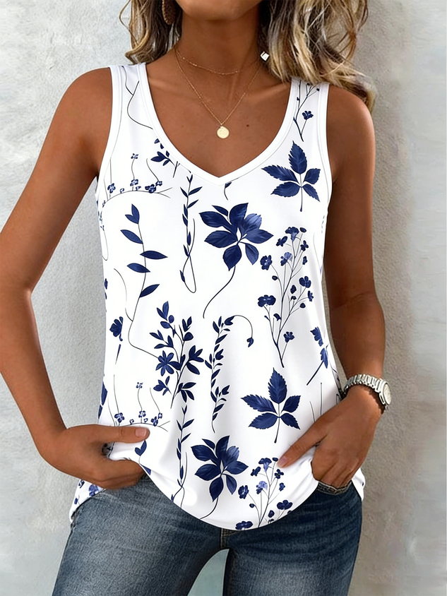 V Neck Street Cotton-Blend Loose Tank Top
