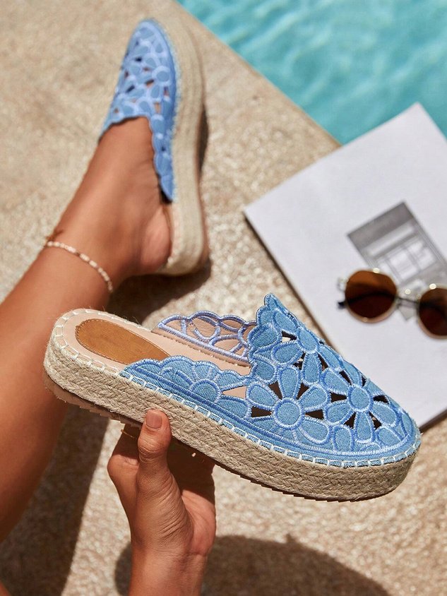 Summer Hollow Out Floral Embroidered Platform Mules