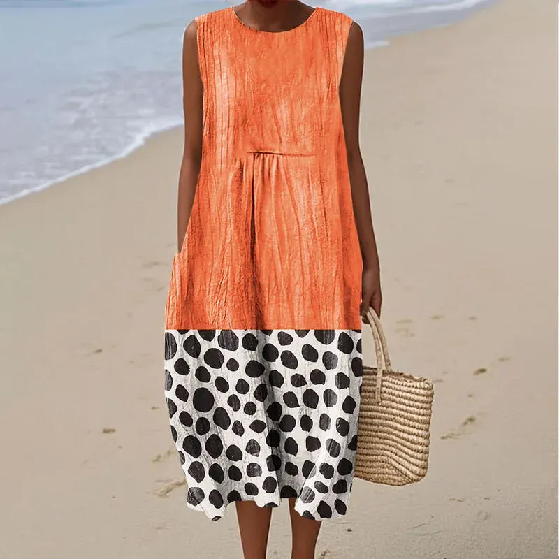 Cotton Linen Printed Midi Dress | Women's Sleeveless Beach Vacation Dress