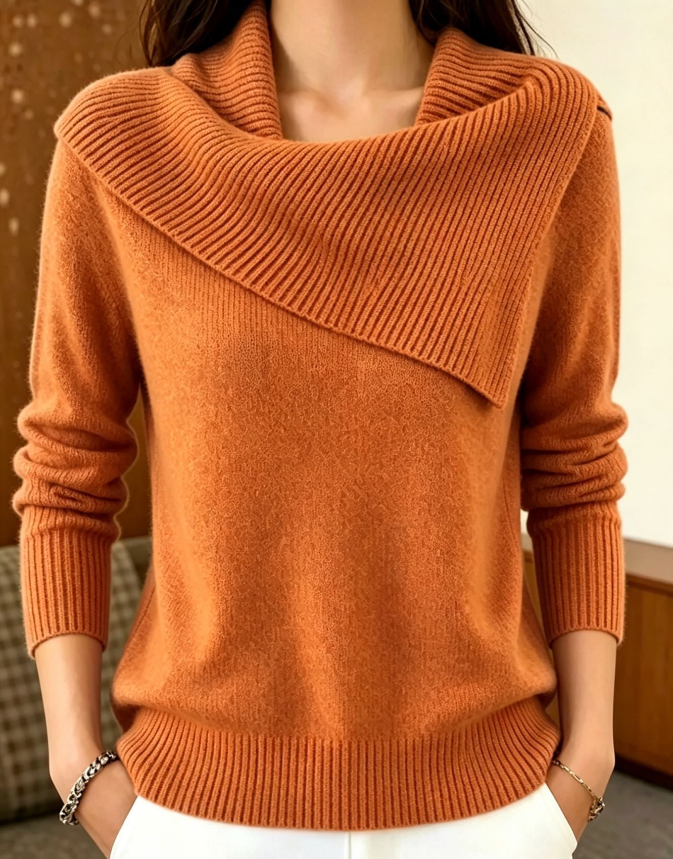 Women's Asymmetric Wide-Collar Knit Sweater