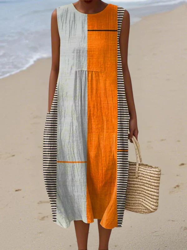 Cotton Linen Printed Midi Dress | Women's Sleeveless Beach Vacation Dress