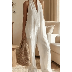 Halter Neck Linen Jumpsuit | Women's Wide Leg One Piece Outfit
