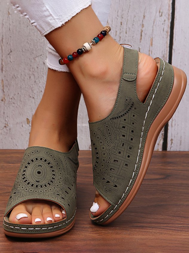 Ethnic Pattern Punched Hollow Velcro Vintage Hook And Loop Comfortable Wedge Sandals