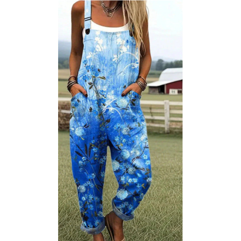 Printed Loose Overalls | Women's Casual Sleeveless Jumpsuit