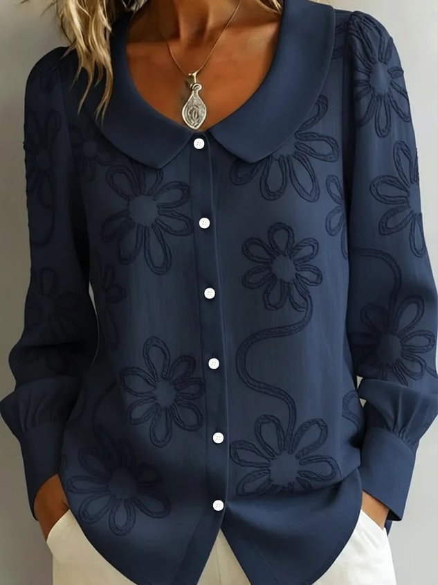 Embroidery Floral Long Sleeve Crew Neck Button Spring Loose Going Out Casual Top