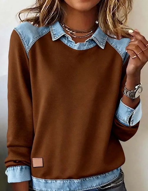 Denim Collar Patchwork Knit Pullover