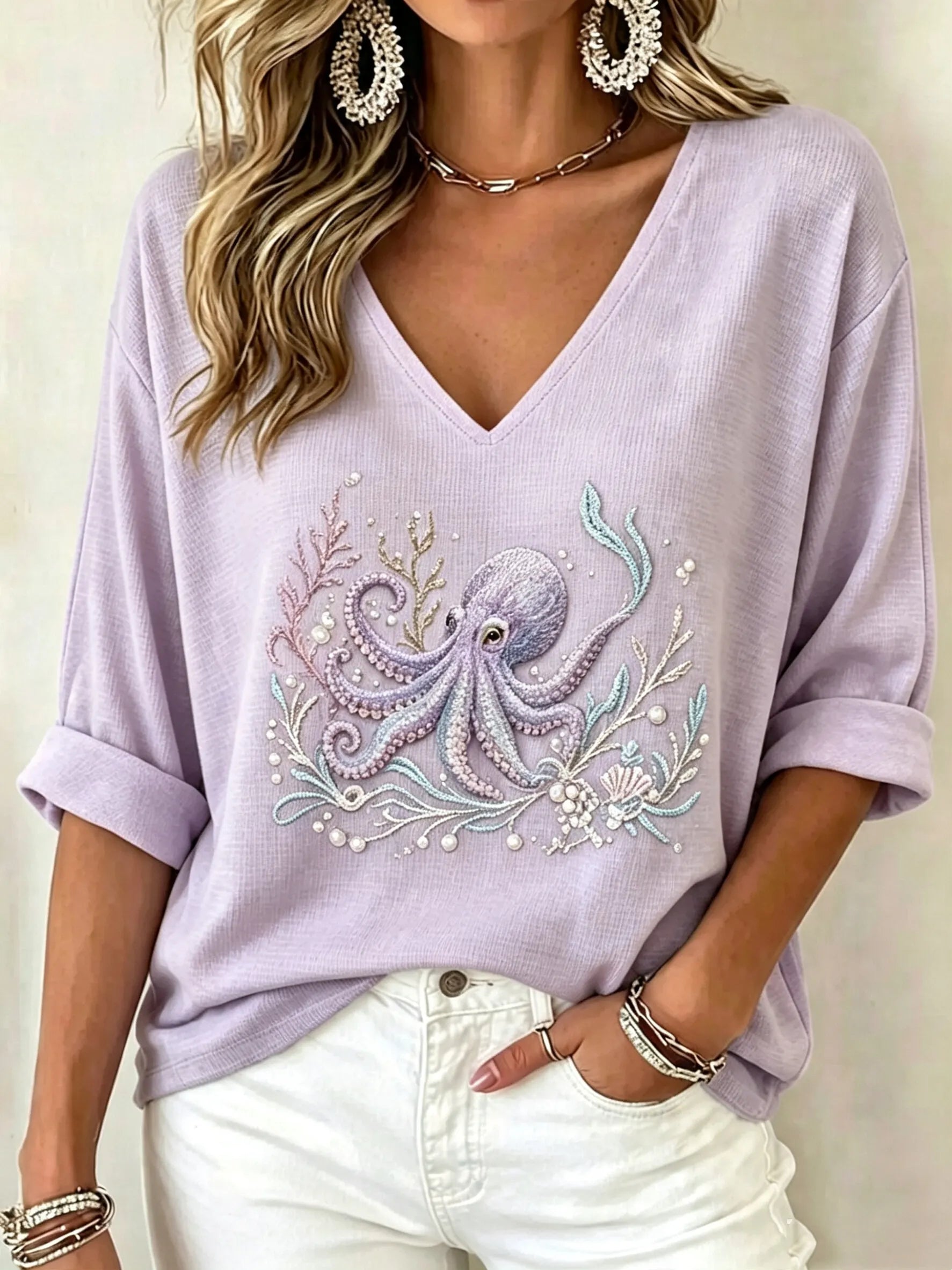 Women's Waffle Knit V Neck Top | 3/4 Sleeve Relaxed Fit [Marine Theme] Casual Vacation Shirt