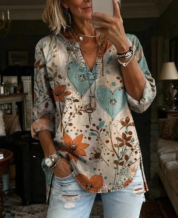 Bohemian Graphic Print Women Tunic Top Notch Collar Half Placket 3/4 Sleeve Pocket Casual Daily Blouse