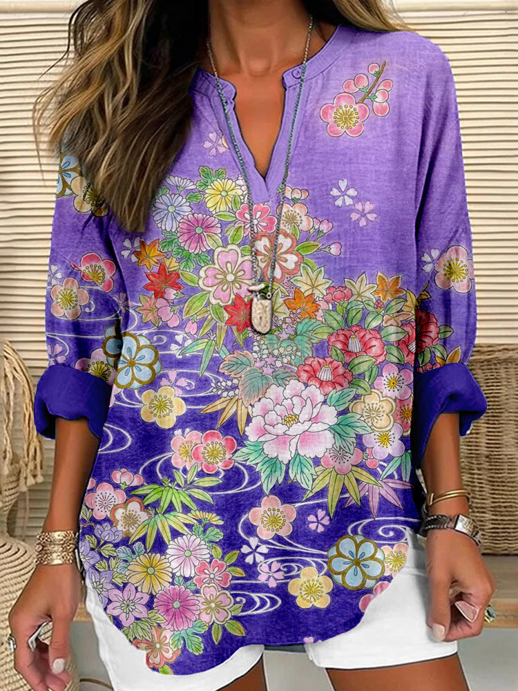 Split V-Neck 3/4 Sleeve Loose Fit Casual Top