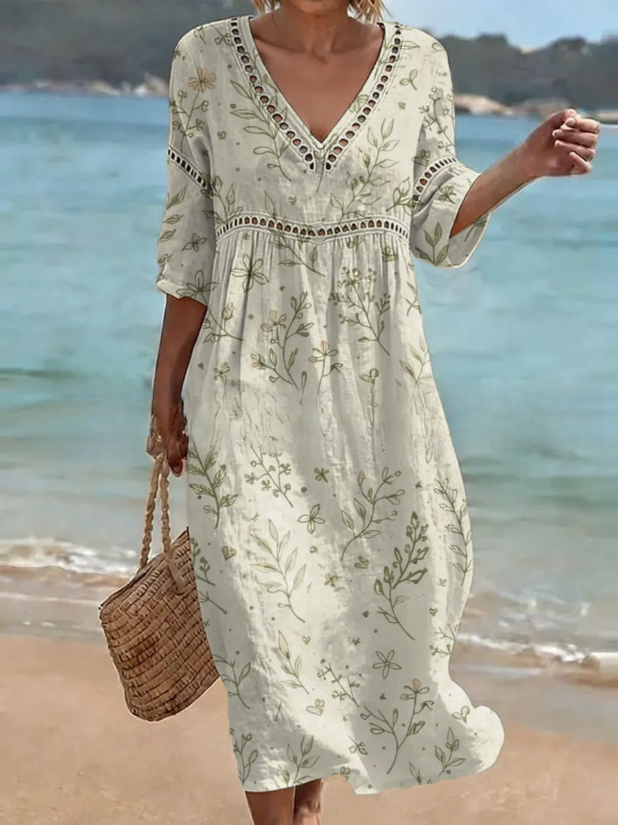 Women's V-Neck Floral & Print Midi Dress