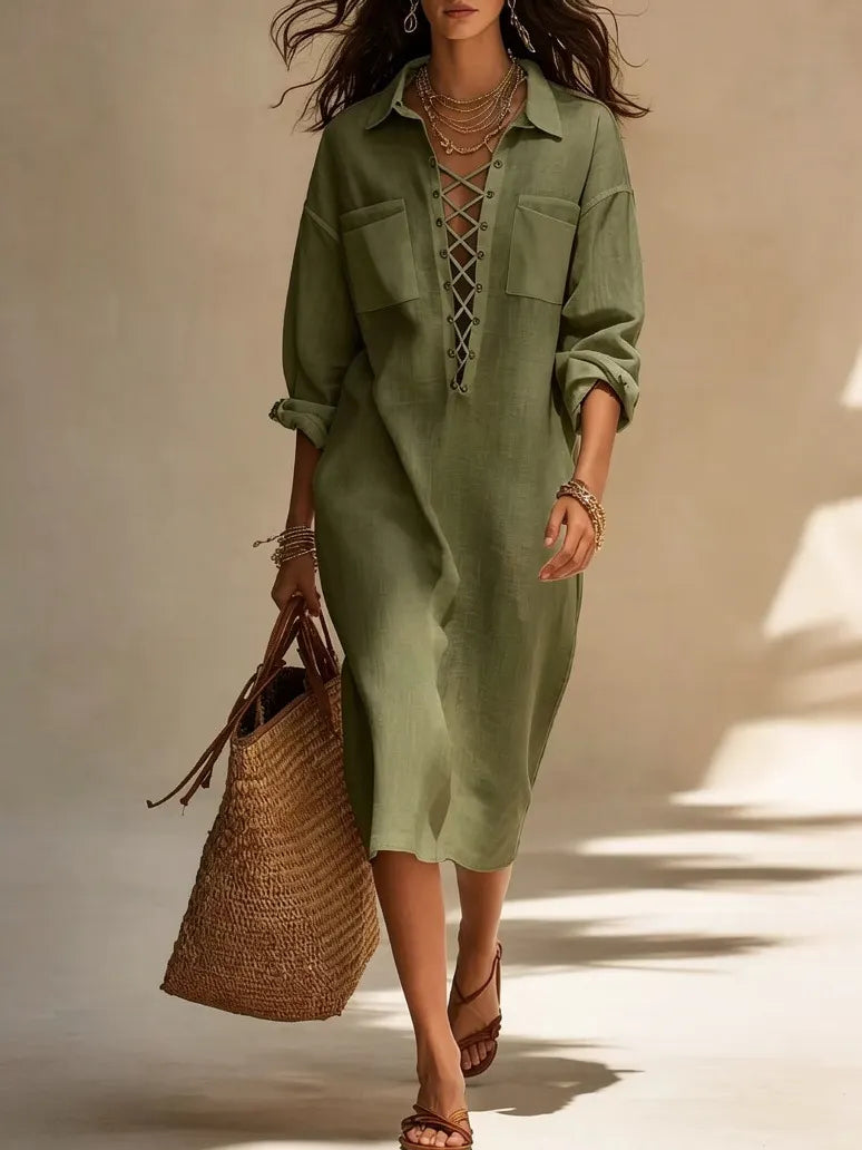 Minimalist Solid White Oversized Shirt Dress Collar Front Lace Up Placket Cuffed Sleeve Casual Vacation Midi Dress