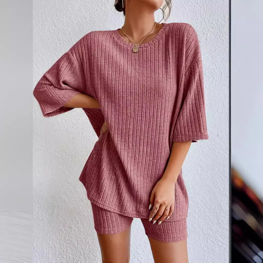 Women Crew Neck Drop Shoulder Half Sleeve Top & High Waist Shorts 2 Piece Loungewear Set
