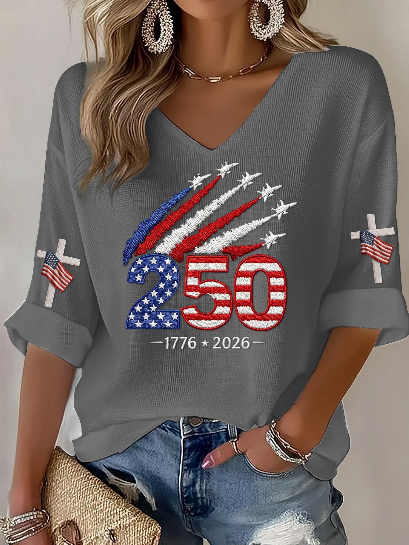 Women’s USA 250th Anniversary Print Waffle Knit V-Neck T-Shirt