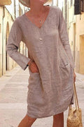 Casual Pocket V Neck Long Sleeve Linen Shift Dress For Women