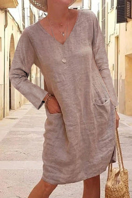 Casual Pocket V Neck Long Sleeve Linen Shift Dress For Women