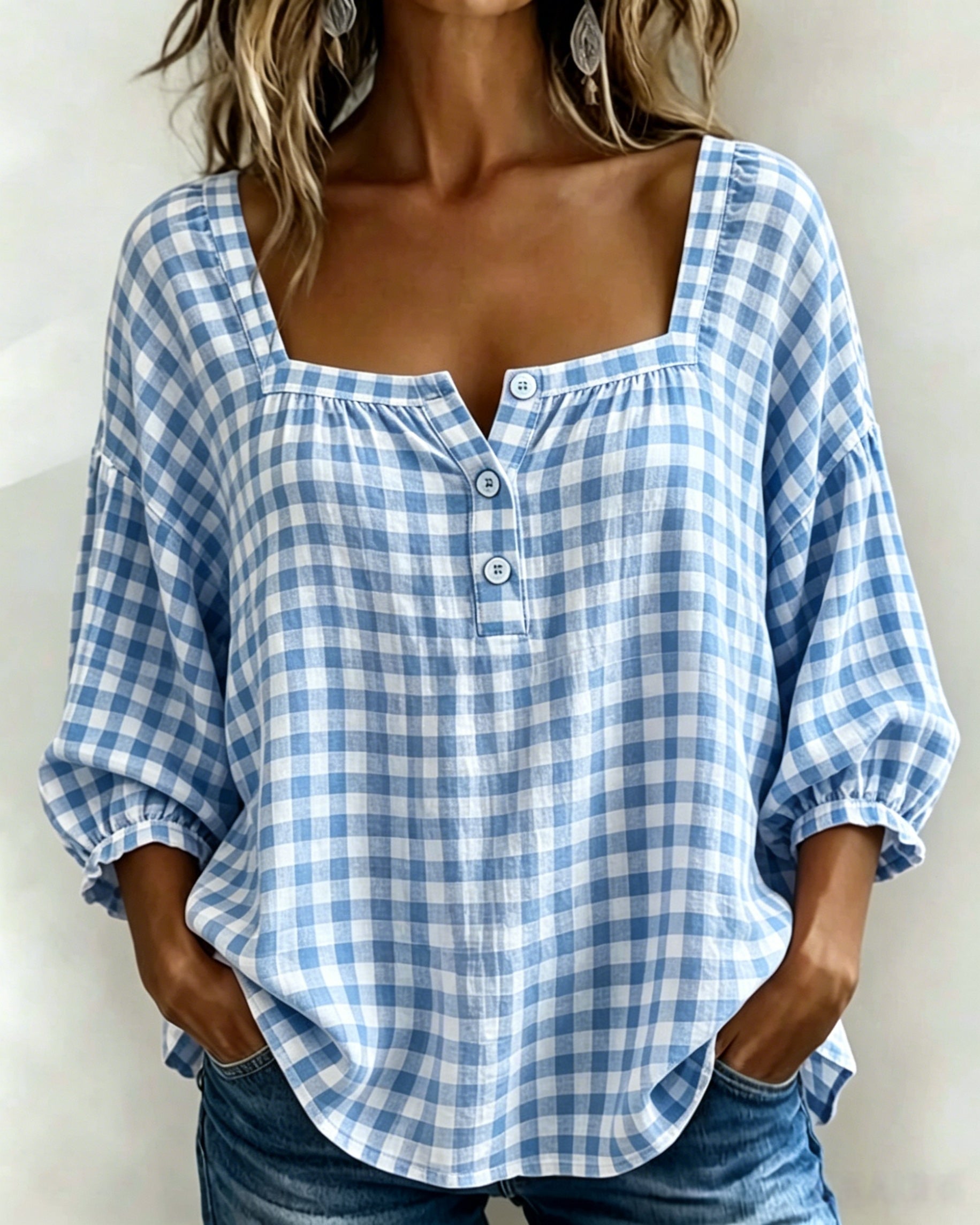 🌸Today 49% OFF🌸Women’s Cotton Linen Gingham Square-Neck Short-Sleeve Top
