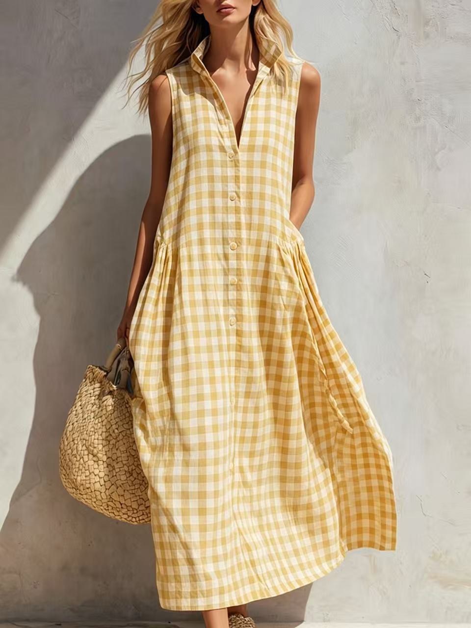 Minimalist Summer Plaid Sleeveless Shirt Dress Stand Collar Half Placket Pocket Flowy Vacation Midi Dress