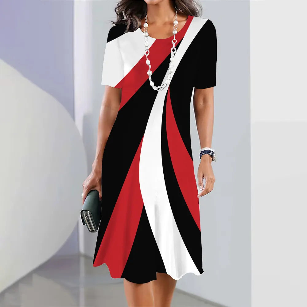 Women Geometric Color Block Short Sleeve Midi Dress