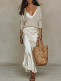 Women V Neck Loose Knit Pullover Satin Spaghetti Strap Midi Dress Layered 2 Piece Outfit Set