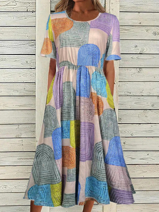 Women's round neck short sleeve bohemian print dress