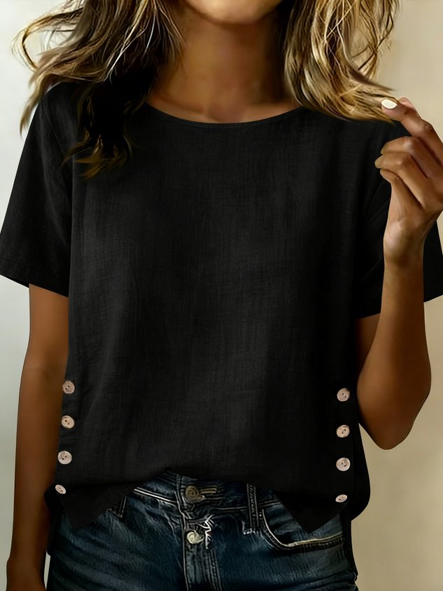 Cotton Linen Vintage Plain Round Neck Short Sleeve Side Button Casual Top