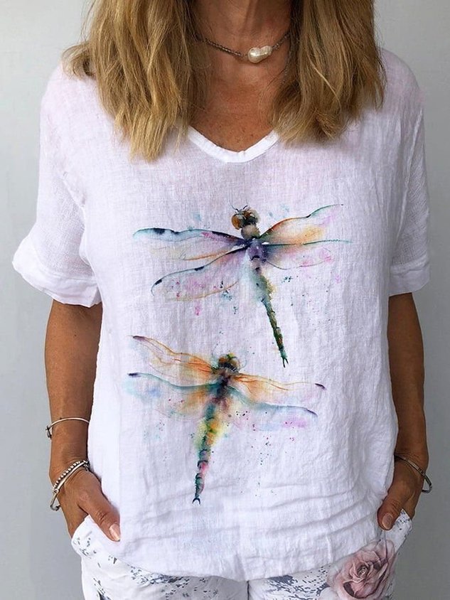 Cotton And Linen Butterfly Elegant T-Shirt