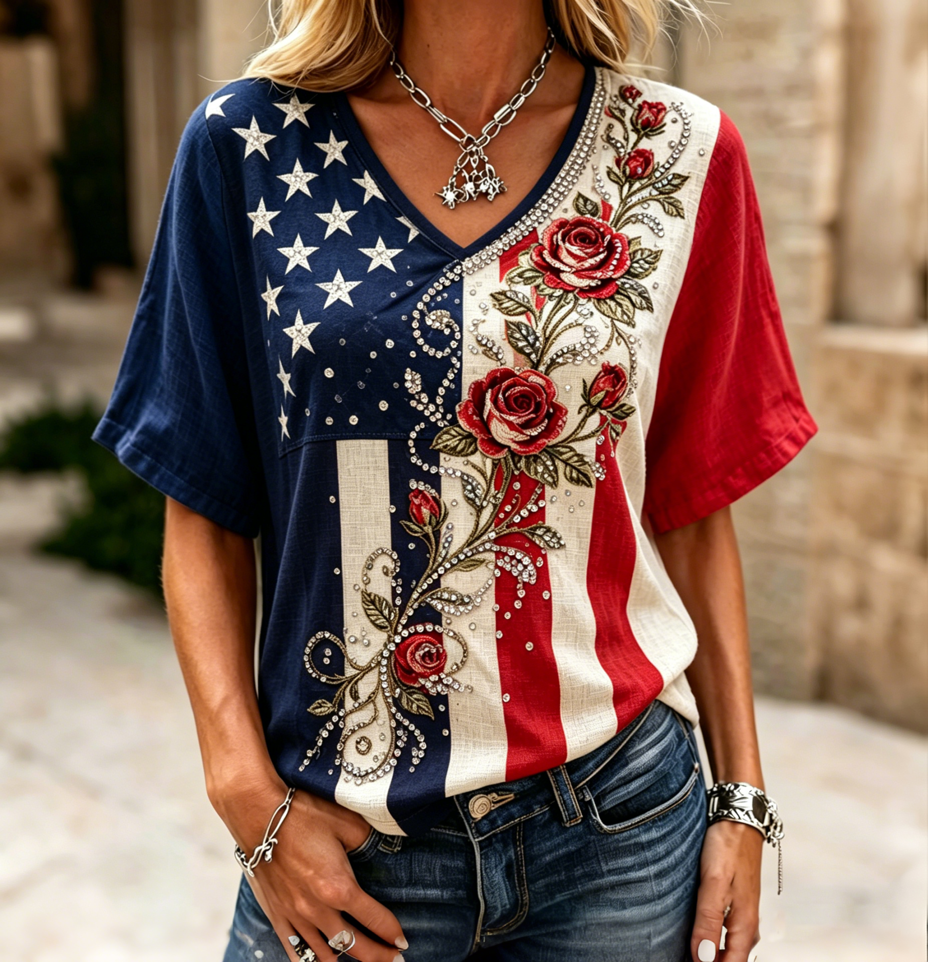 Women's Vintage Flag Floral Art Print V Neck Linen Blend T-shirt
