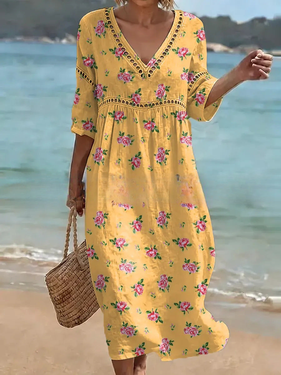 Women's V-Neck Floral & Print Midi Dress
