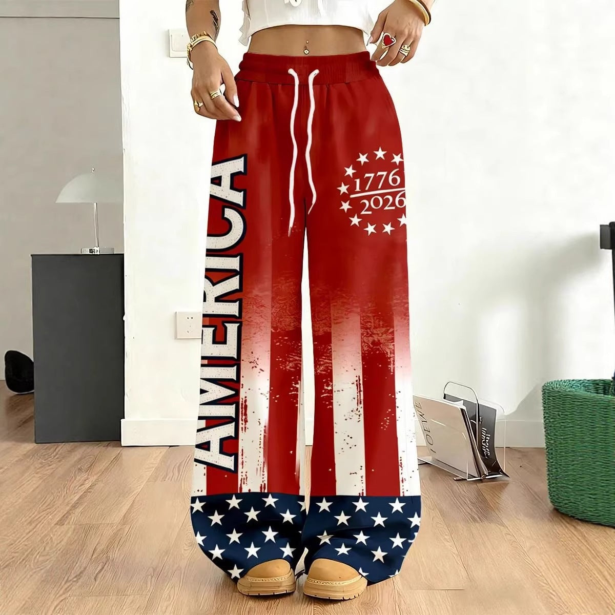 Women's American Flag Floral Print Wide Leg Pants