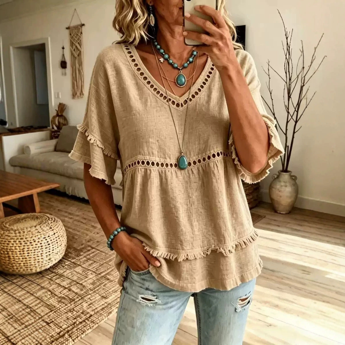 Women's V-Neck Eyelet Ruffle Trim Peplum Blouse
