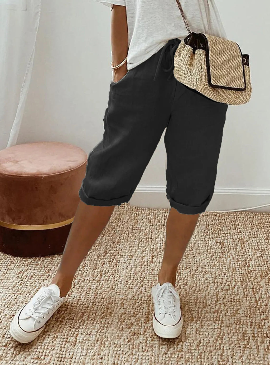 Women's Elastic Waist Casual Pants with Flap Pockets