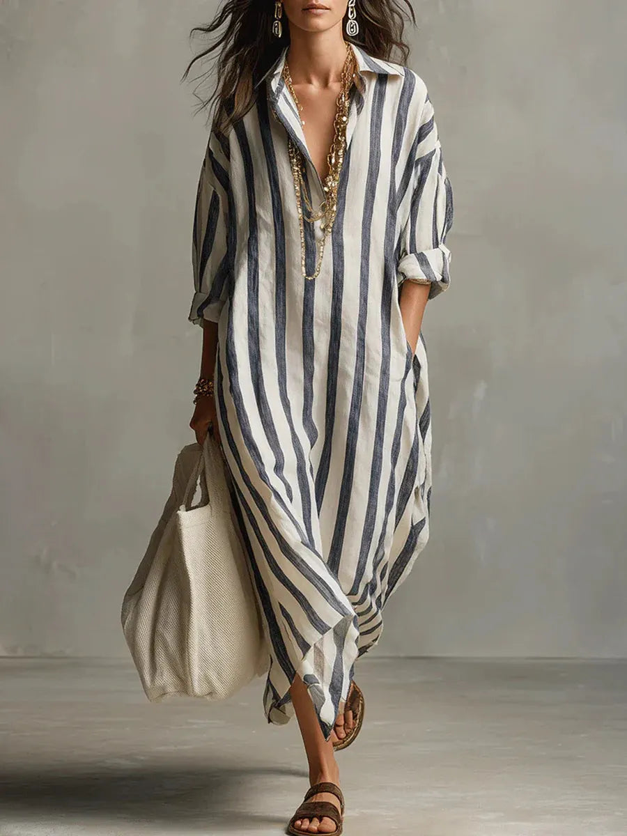 Minimalist Vertical Stripe Cotton Long Shirt Dress Oversized Relaxed Fit Side Pocket Vacation Resort Midi Maxi Dress