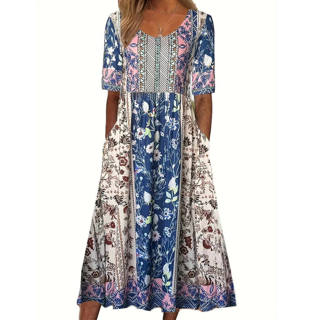 Women's round neck short sleeve bohemian print dress