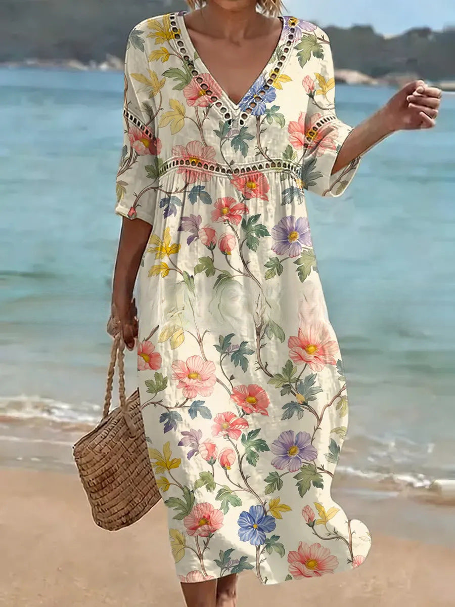Women's V-Neck Floral & Print Midi Dress